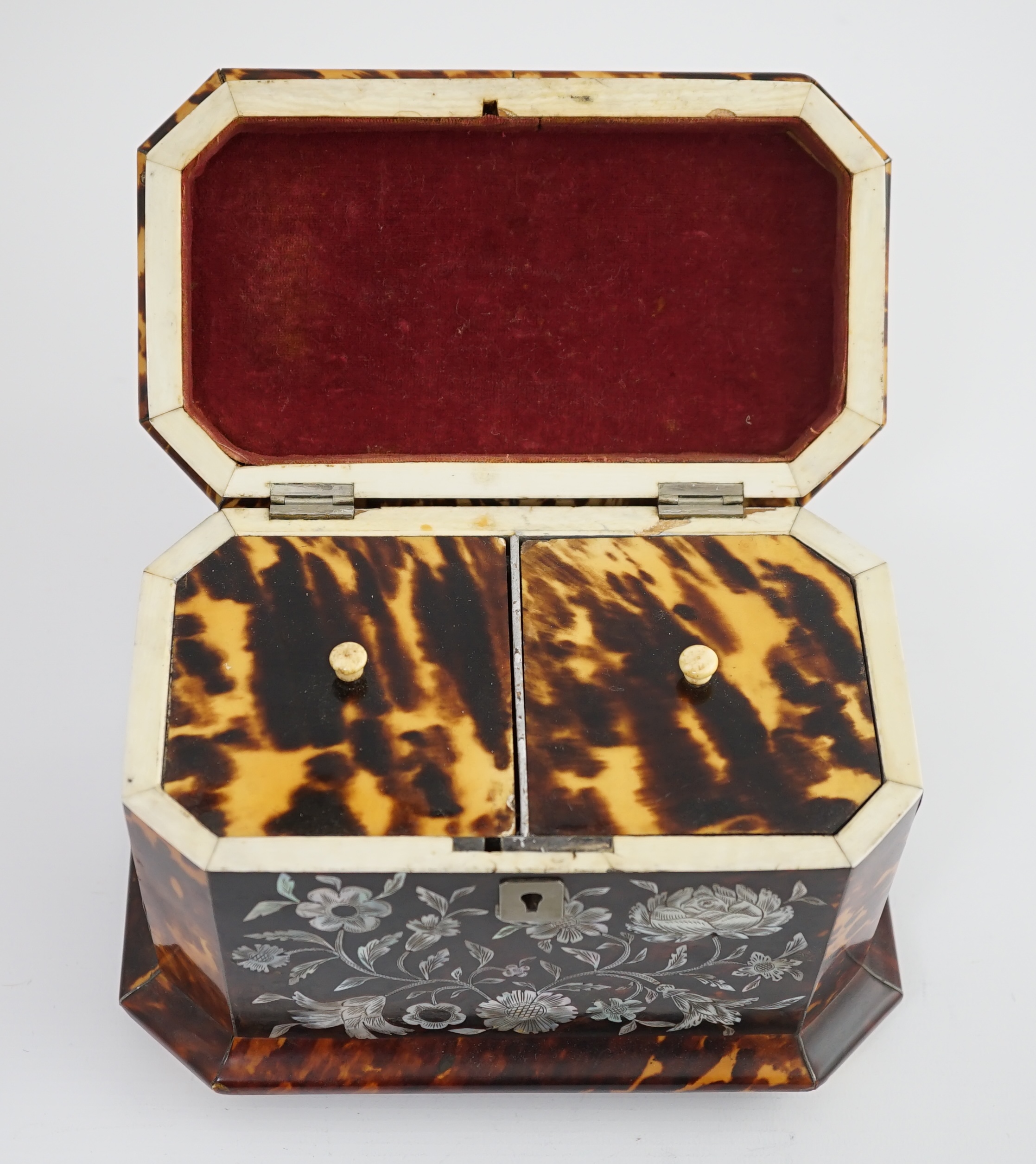 A Regency blond tortoiseshell and mother of pearl tea caddy